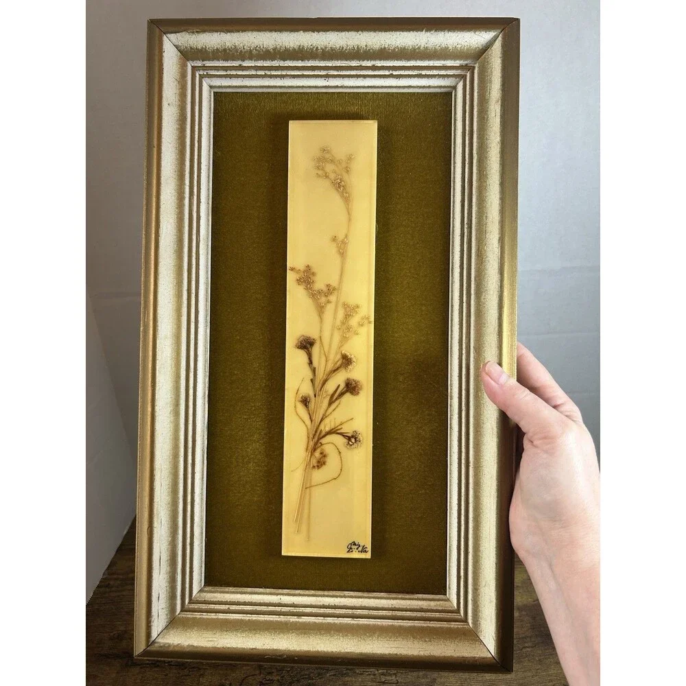 Vintage Pressed Floral Resin Wall Art Plaque Signed Boho Decor 16.5x9.5 Panel